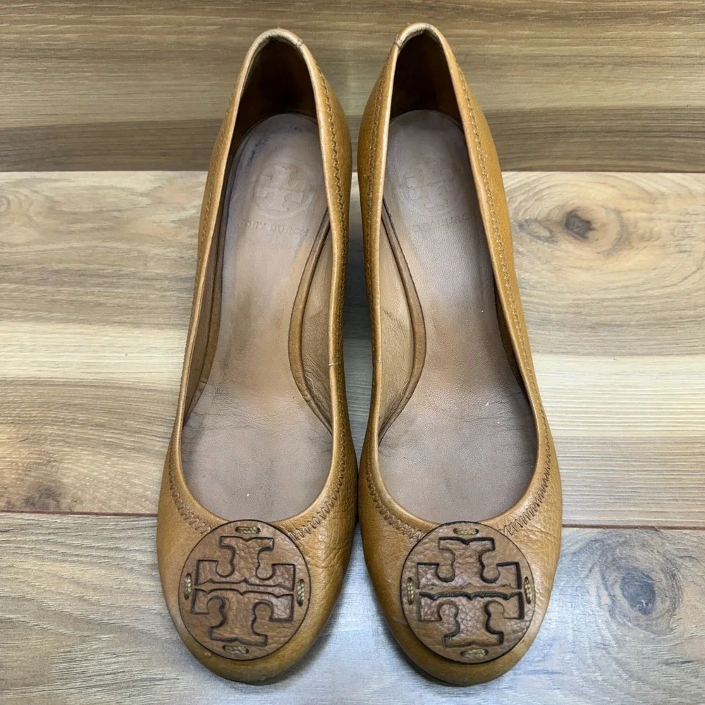 Tory Burch Sally‎ Wedge Pumps Womens 8 M Cognac Leather